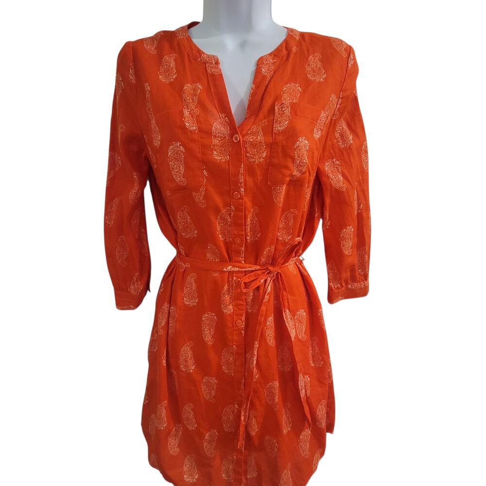 Old Navy Tomato Red Paisley Shirt Dress XS Belted 3/4 Sleeve Boho